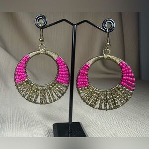 Vintage Beaded Hoop Earrings with Pink and Gold Accents